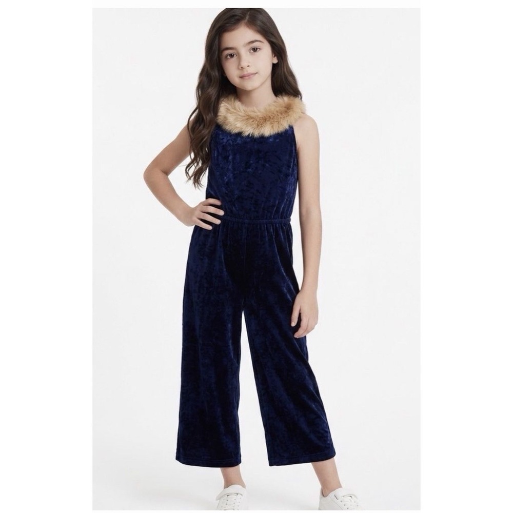 Janie and Jack Size 7 Crushed Velvet Faux Fur Collar Wide Leg Jumpsuit Navy Blue